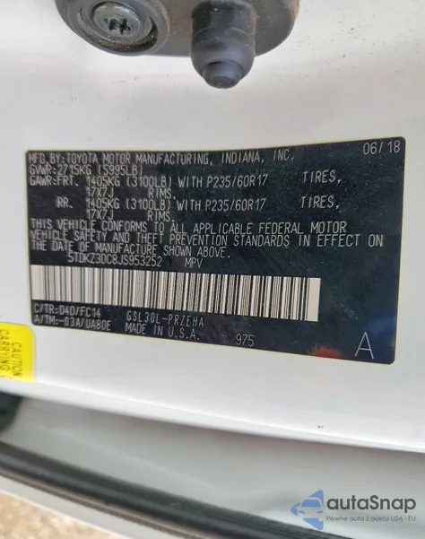 2018 Toyota Sienna Le z USA, uszkodzony, nr VIN 5TDKZ3DC8JS953252